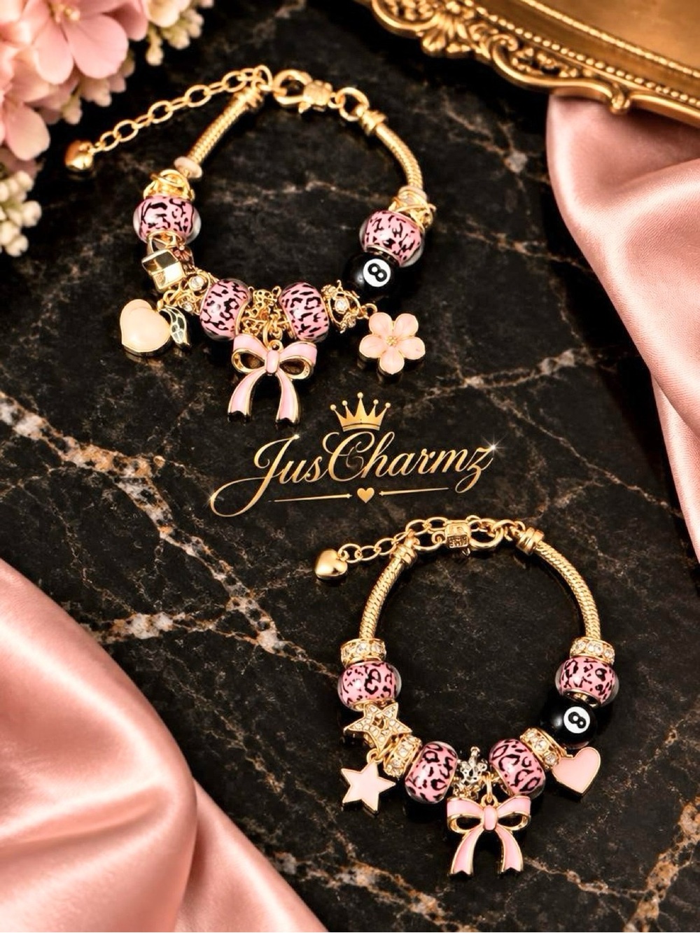Set of 2 Pink Cheetah Gold Charm Bracelets Y2K Bow 8 Ball